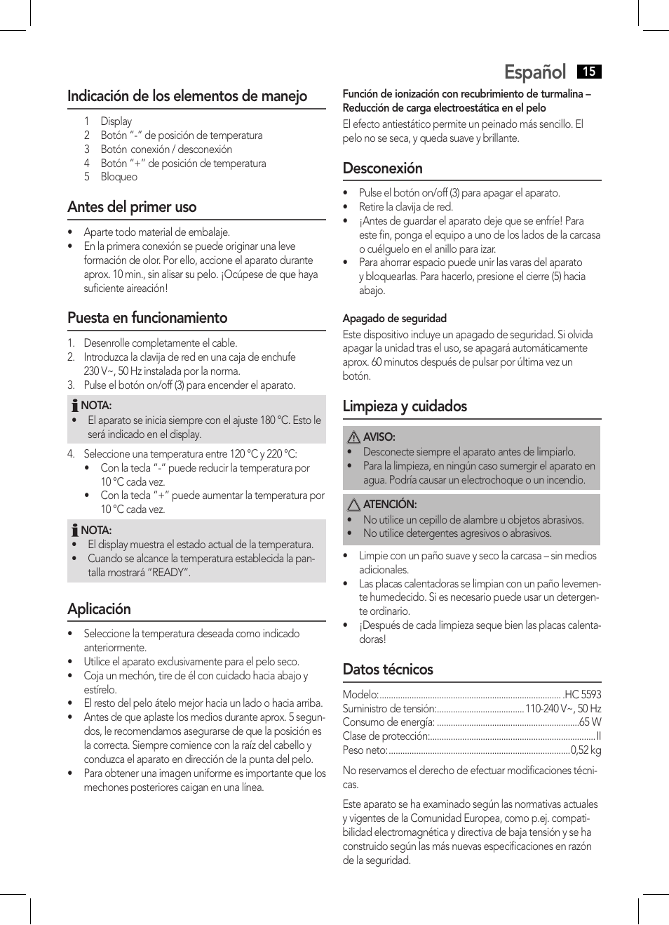 Español, Indicación de los elementos de manejo, Antes del primer uso | Puesta en funcionamiento, Aplicación, Desconexión, Limpieza y cuidados, Datos técnicos | AEG HC 5593 User Manual | Page 15 / 38