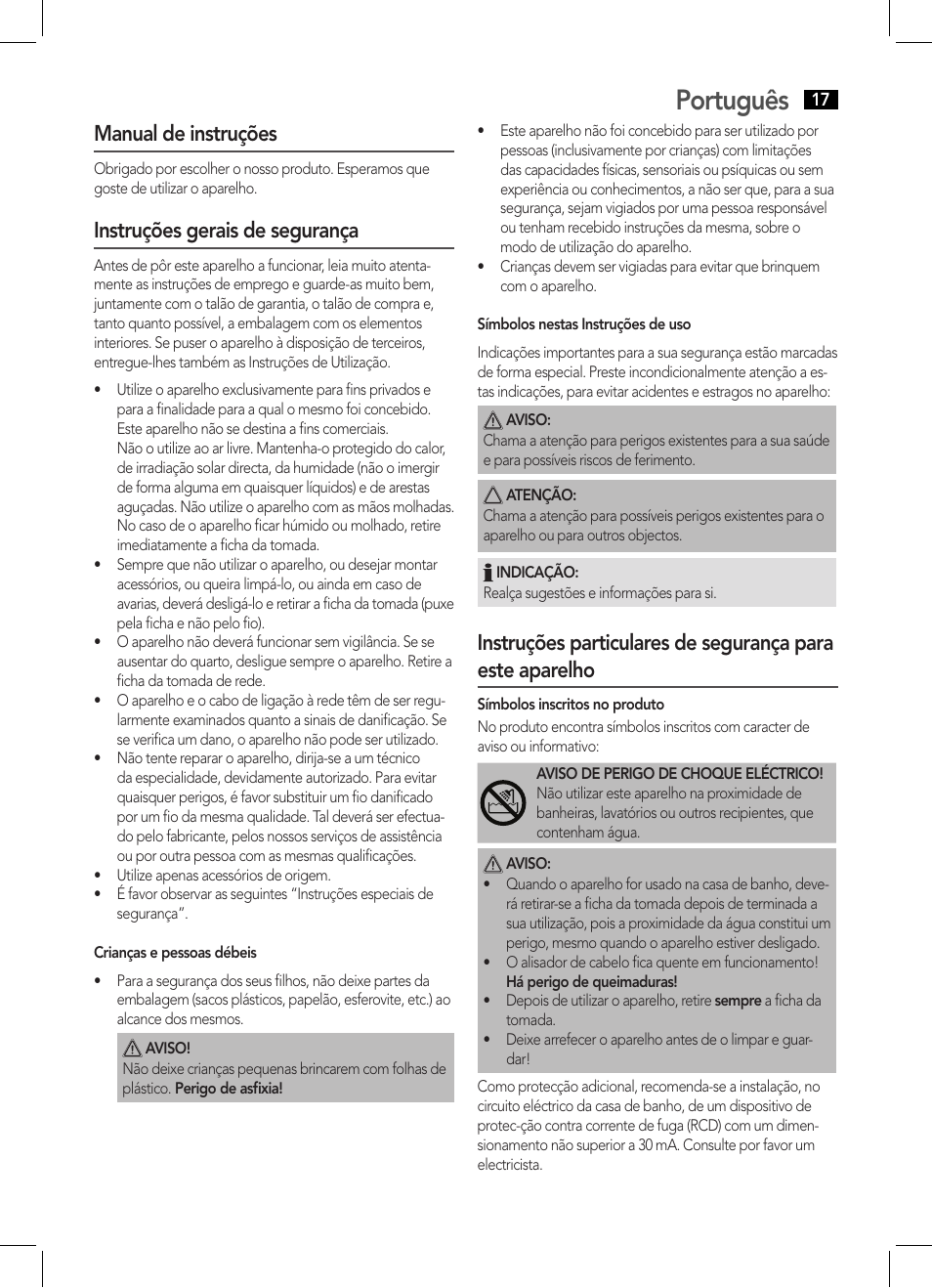 Português, Manual de instruções, Instruções gerais de segurança | AEG HC 5593 User Manual | Page 17 / 38