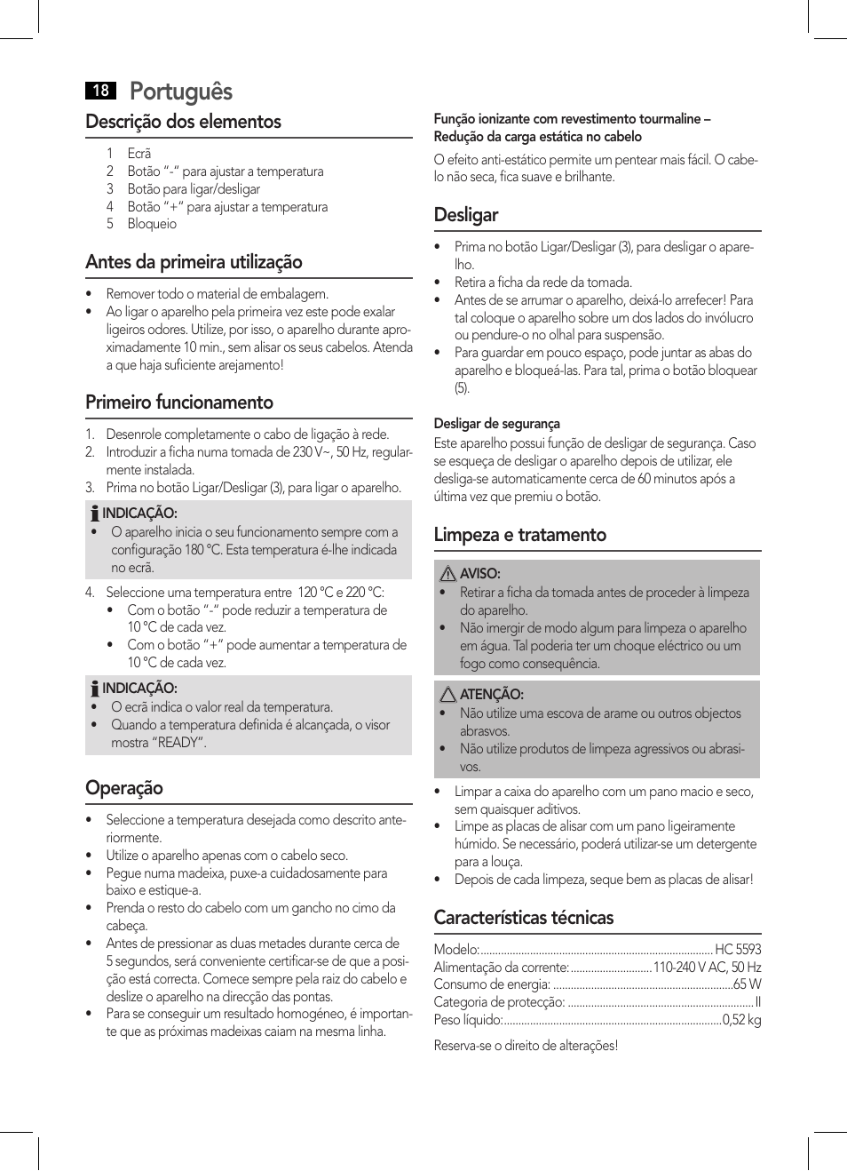 Português, Descrição dos elementos, Antes da primeira utilização | Primeiro funcionamento, Operação, Desligar, Limpeza e tratamento, Características técnicas | AEG HC 5593 User Manual | Page 18 / 38