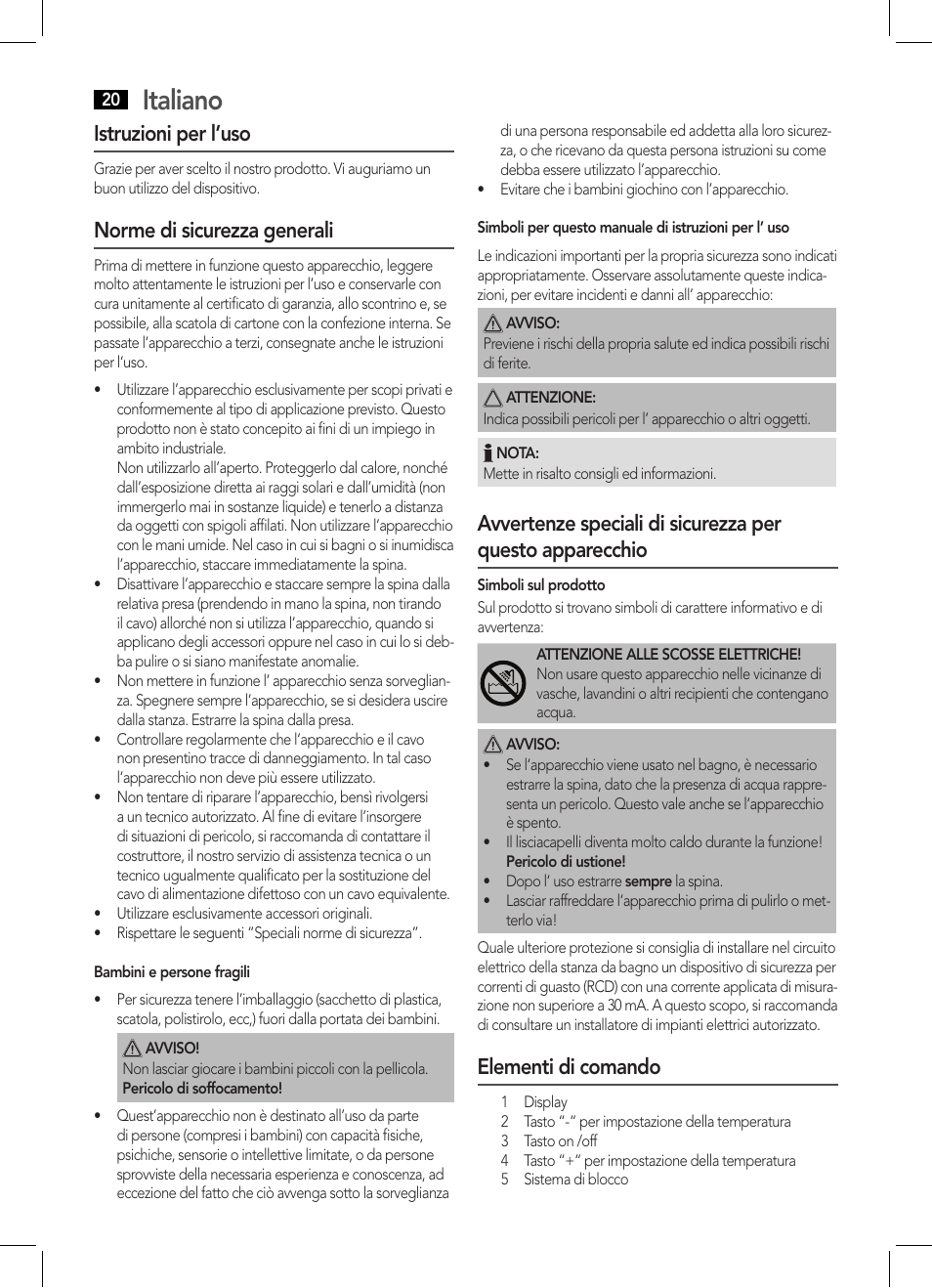 Italiano, Istruzioni per l’uso, Norme di sicurezza generali | Elementi di comando | AEG HC 5593 User Manual | Page 20 / 38