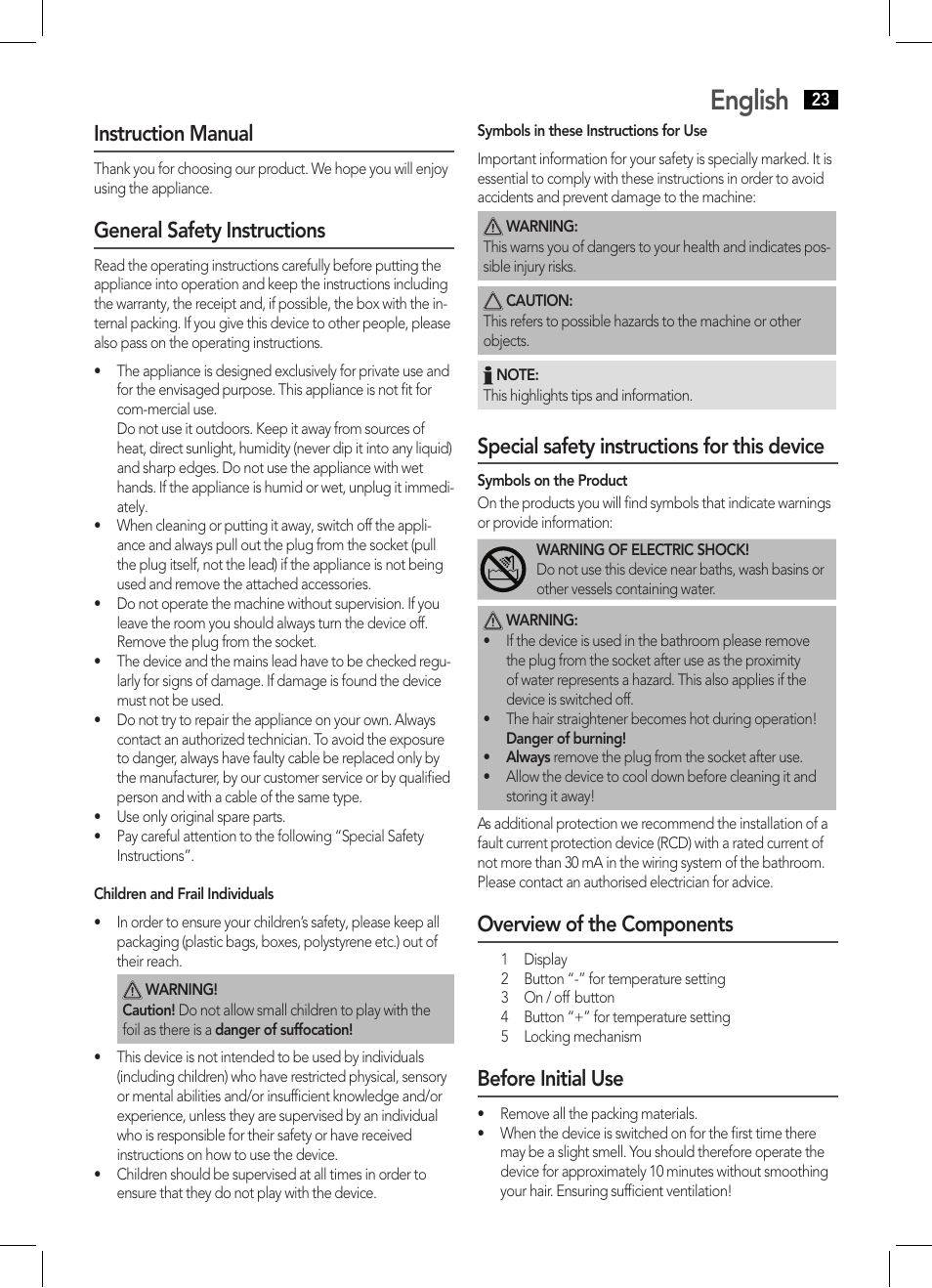 English, Instruction manual, General safety instructions | Special safety instructions for this device, Overview of the components, Before initial use | AEG HC 5593 User Manual | Page 23 / 38