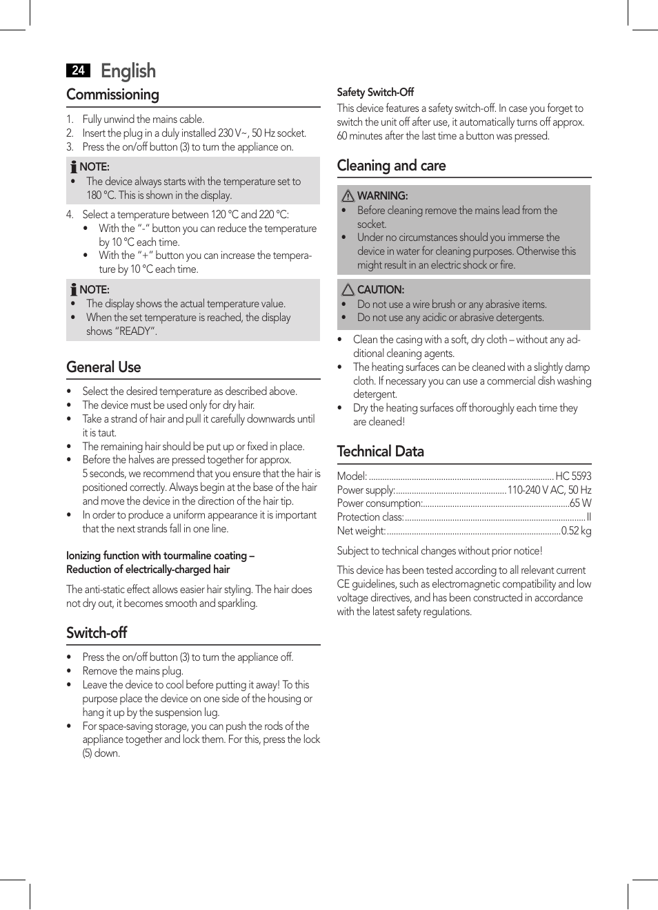 English, Commissioning, General use | Switch-off, Cleaning and care, Technical data | AEG HC 5593 User Manual | Page 24 / 38