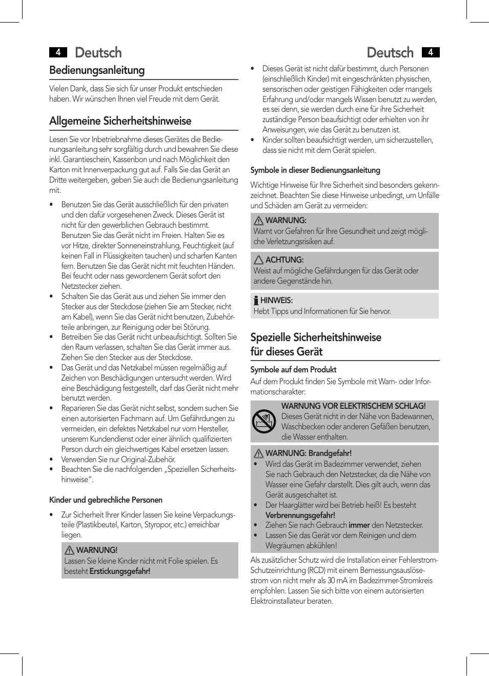 Deutsch, Bedienungsanleitung, Allgemeine sicherheitshinweise | Spezielle sicherheitshinweise für dieses gerät | AEG HC 5593 User Manual | Page 4 / 38