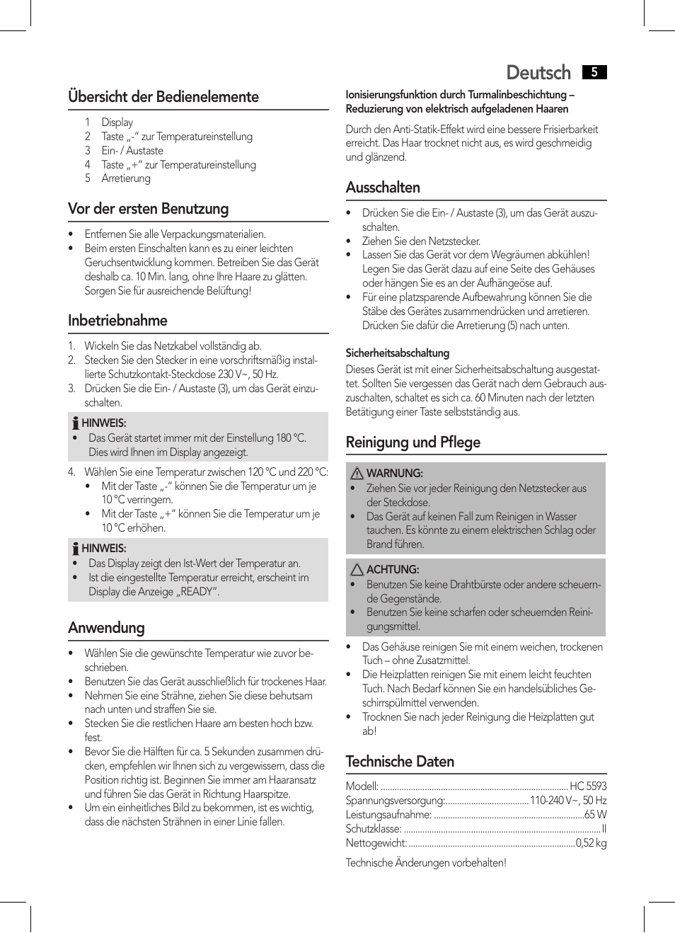 Deutsch, Übersicht der bedienelemente, Vor der ersten benutzung | Inbetriebnahme, Anwendung, Ausschalten, Reinigung und pflege, Technische daten | AEG HC 5593 User Manual | Page 5 / 38