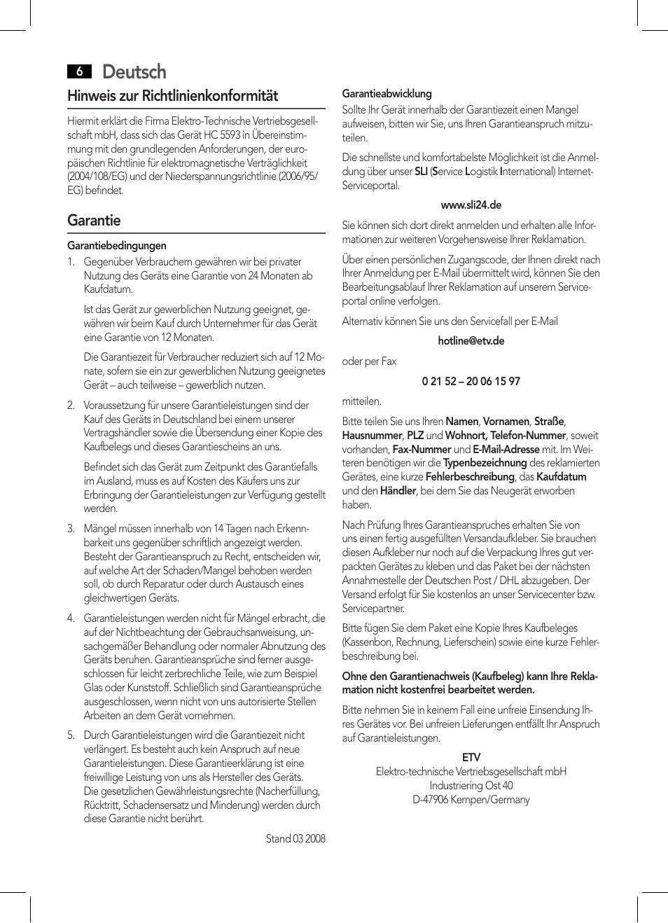 Deutsch, Hinweis zur richtlinienkonformität, Garantie | AEG HC 5593 User Manual | Page 6 / 38