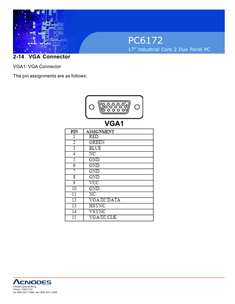 Pc6172, 14 vga connector | Acnodes PC6172 User Manual | Page 16 / 66