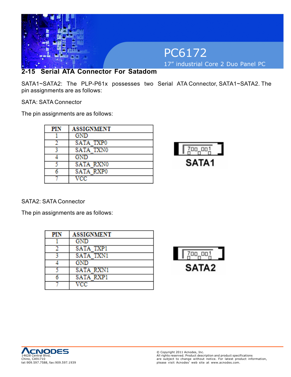 Pc6172, 15 serial ata connector for satadom | Acnodes PC6172 User Manual | Page 17 / 66