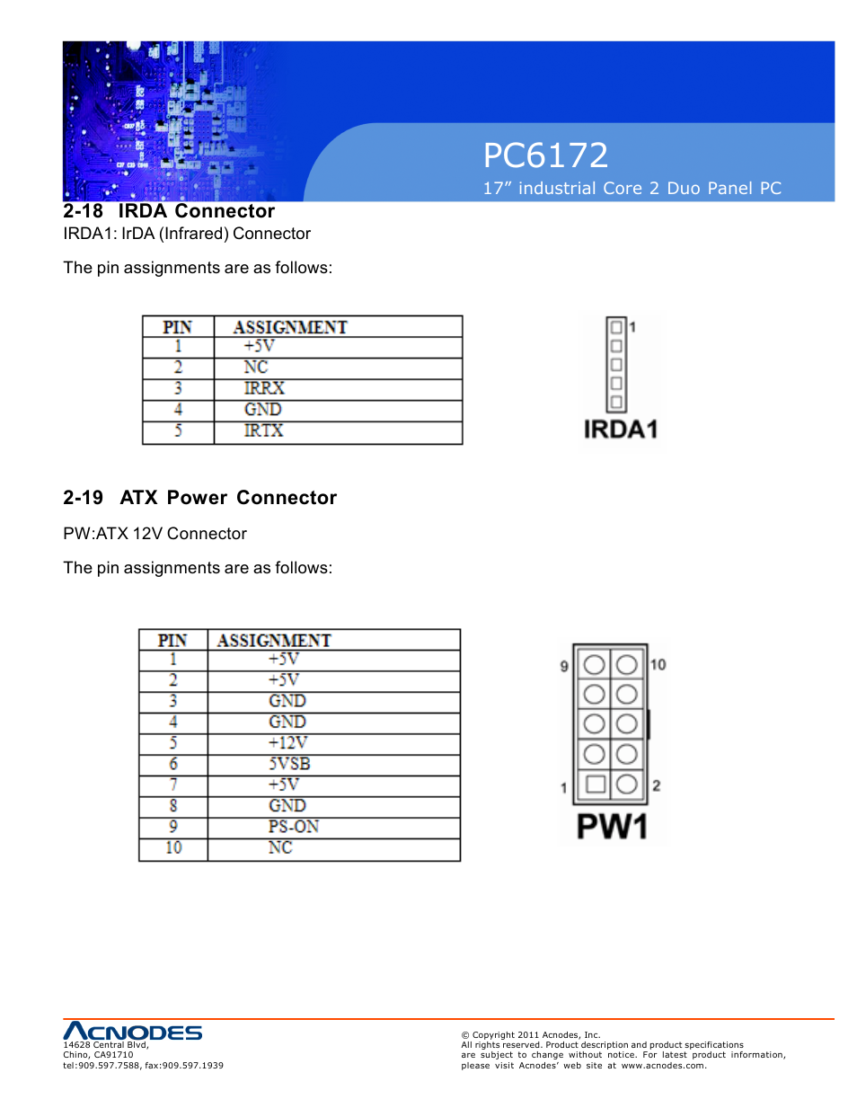 Pc6172, 18 irda connector, 19 atx power connector | Acnodes PC6172 User Manual | Page 21 / 66