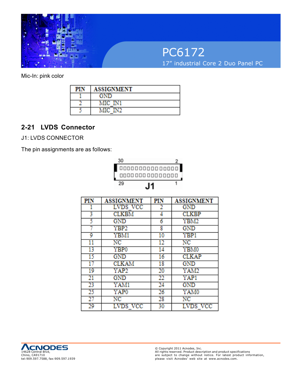 Pc6172, 21 lvds connector | Acnodes PC6172 User Manual | Page 23 / 66