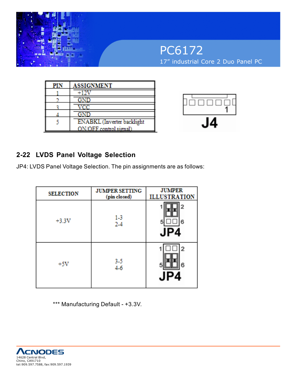 Pc6172, 22 lvds panel voltage selection | Acnodes PC6172 User Manual | Page 24 / 66