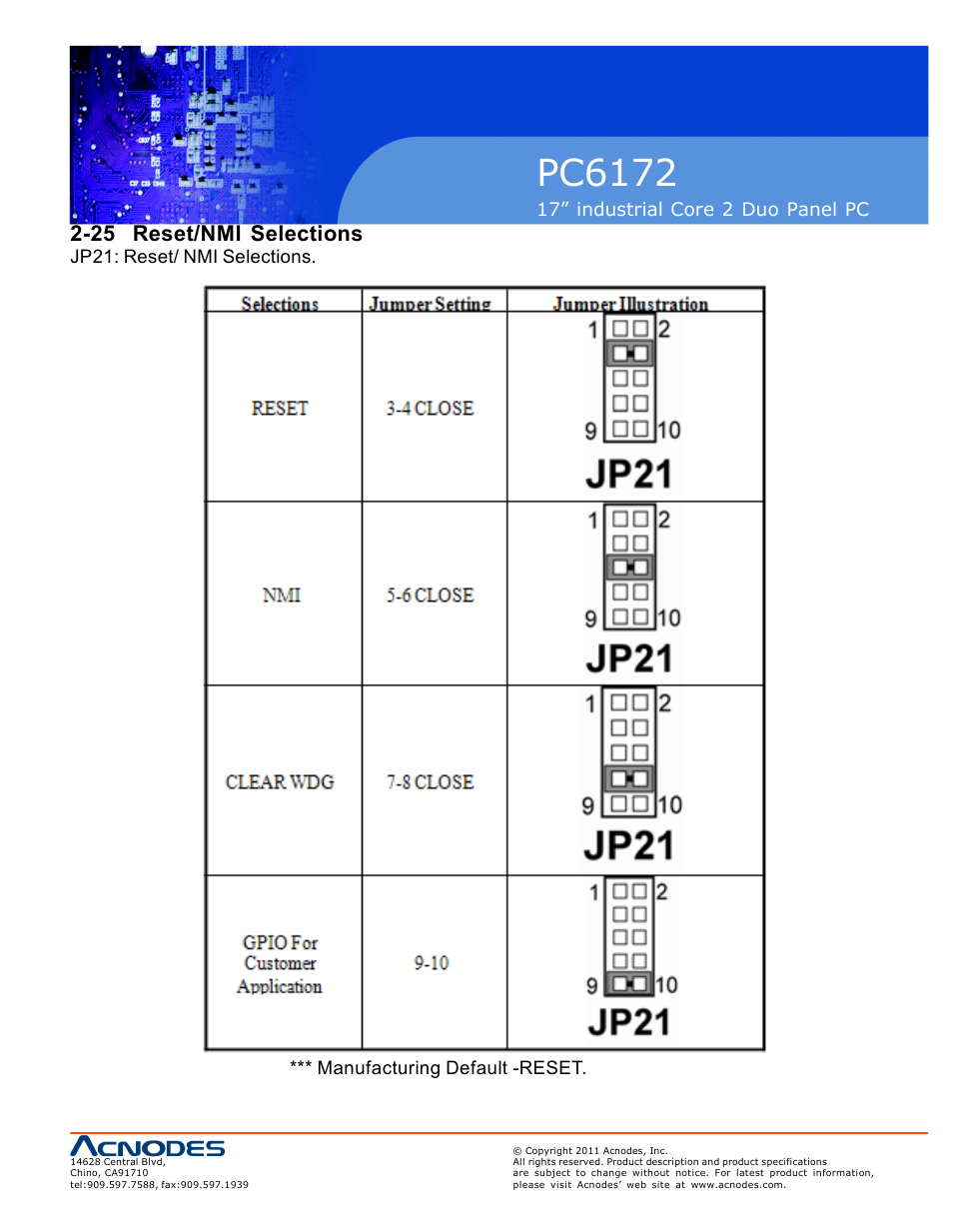 Pc6172, 25 reset/nmi selections | Acnodes PC6172 User Manual | Page 27 / 66