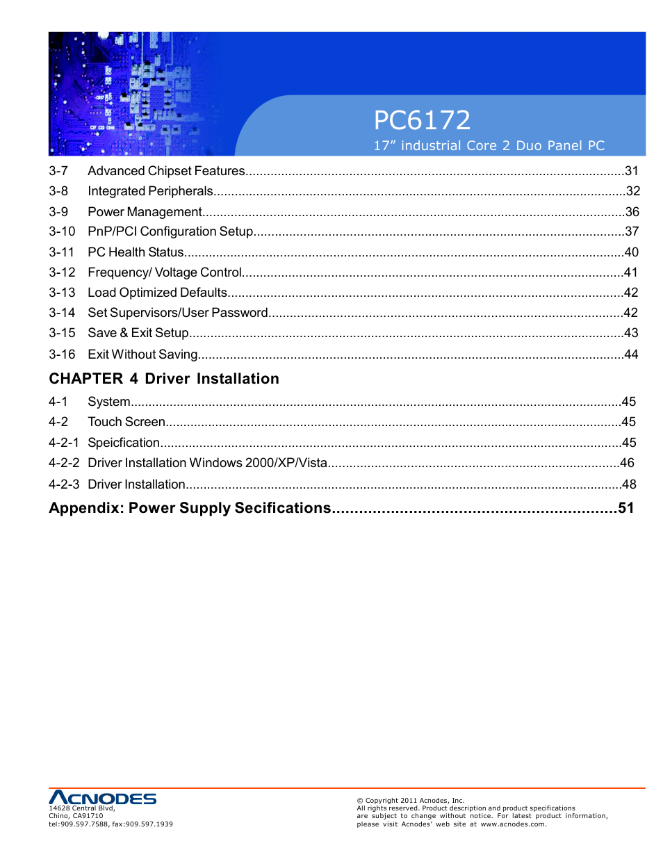 Pc6172, Chapter 4 driver installation, Appendix: power supply secifications | Acnodes PC6172 User Manual | Page 3 / 66