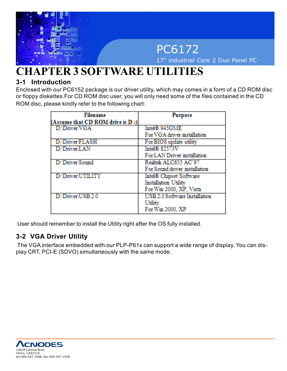 Pc6172, Chapter 3 software utilities | Acnodes PC6172 User Manual | Page 30 / 66