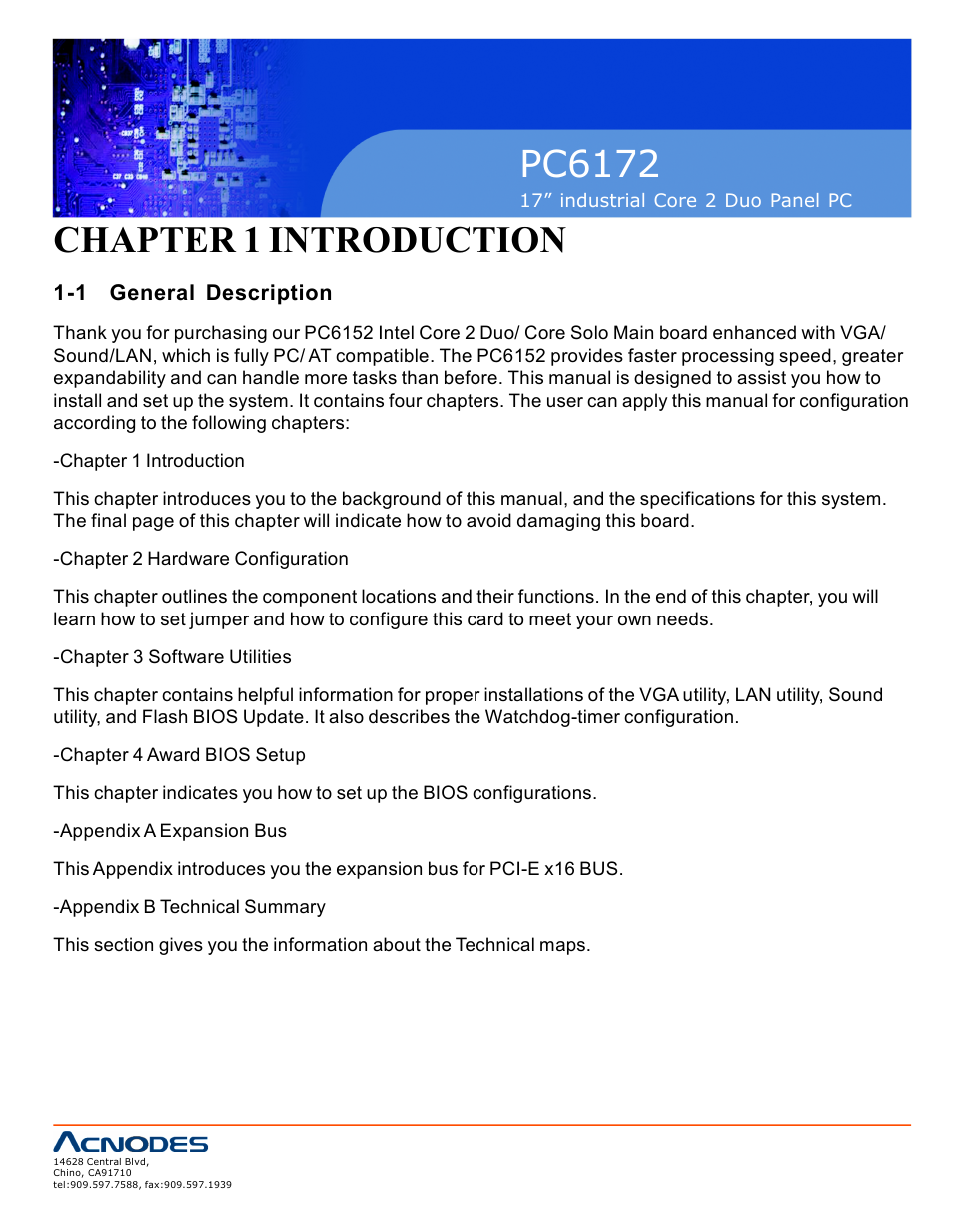 Pc6172, Chapter 1 introduction | Acnodes PC6172 User Manual | Page 4 / 66