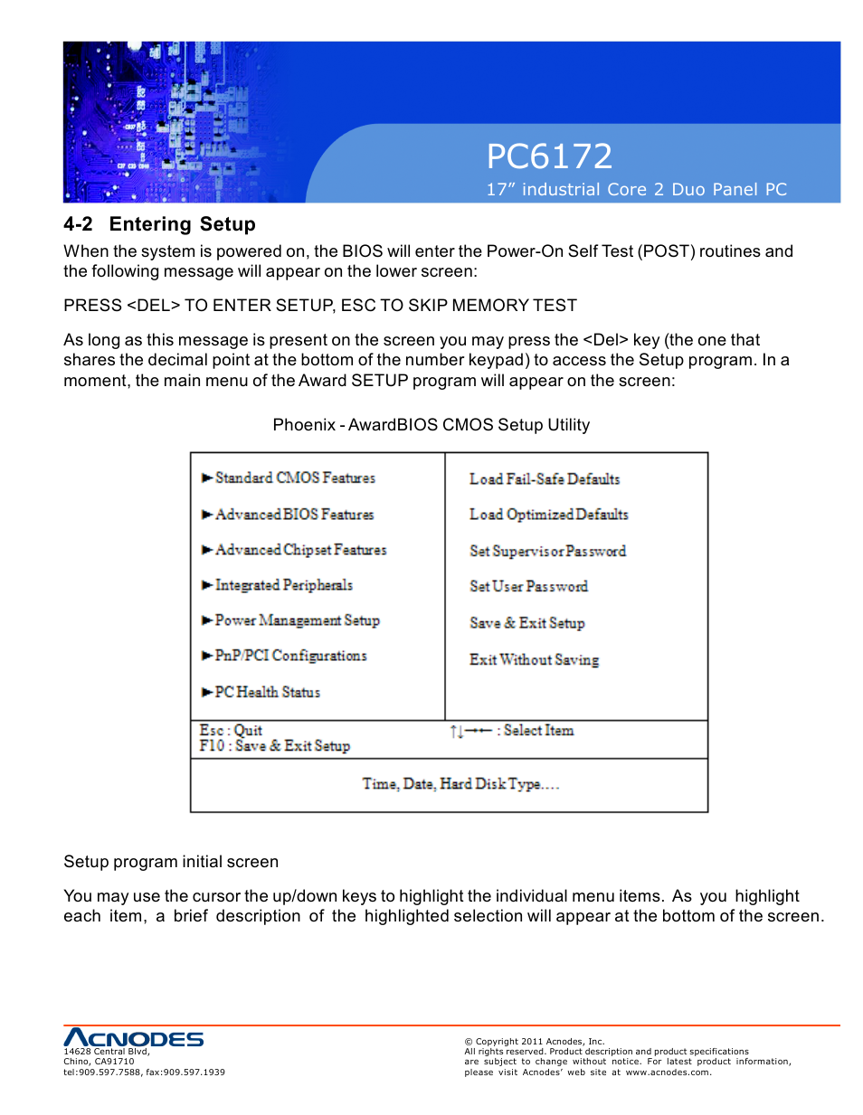 Pc6172, 2 entering setup | Acnodes PC6172 User Manual | Page 41 / 66