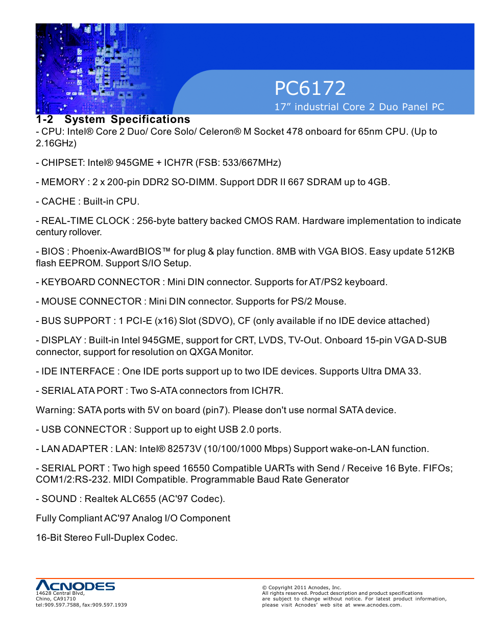 Pc6172, 2 system specifications | Acnodes PC6172 User Manual | Page 5 / 66