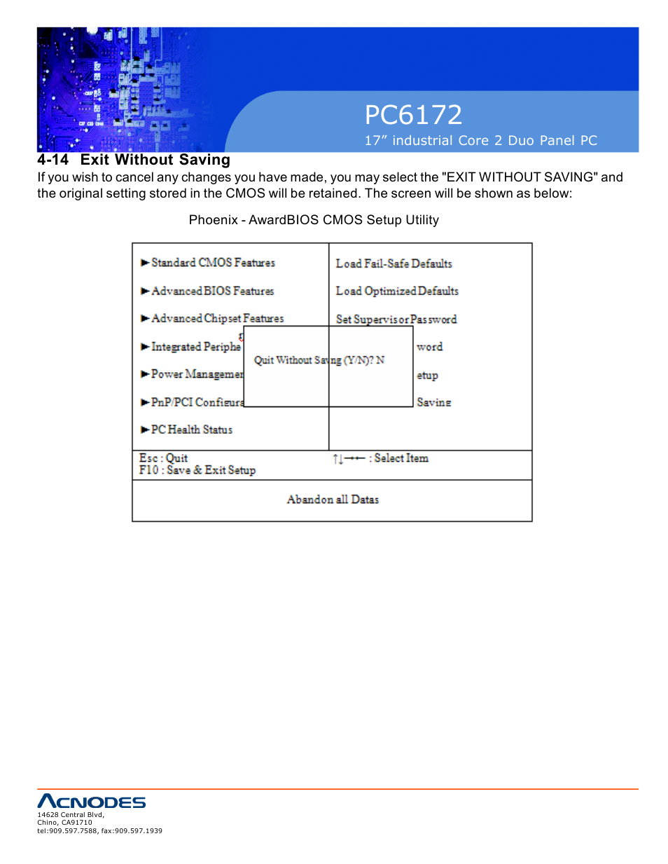 Pc6172, 14 exit without saving | Acnodes PC6172 User Manual | Page 60 / 66