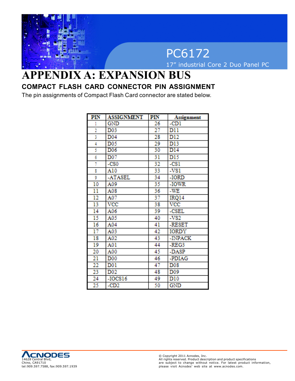 Pc6172, Appendix a: expansion bus, Compact flash card connector pin assignmen t | Acnodes PC6172 User Manual | Page 61 / 66