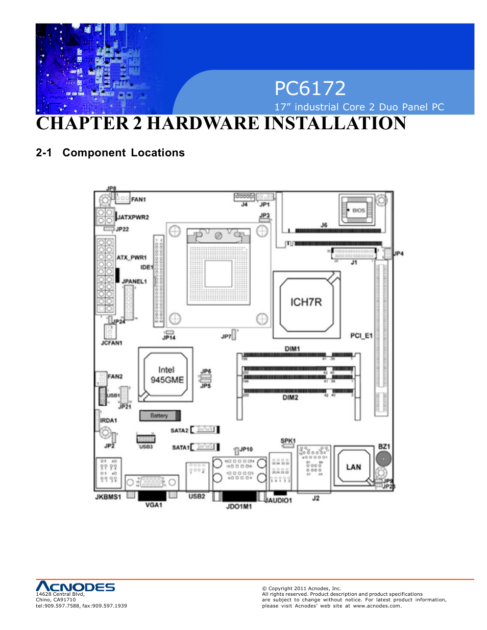 Pc6172, Chapter 2 hardware inst allation, 1 component locations | Acnodes PC6172 User Manual | Page 7 / 66