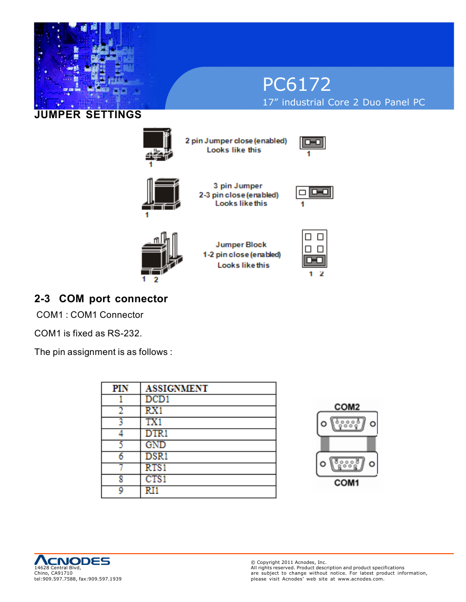 Pc6172, Jumper settings 2-3 com port connector | Acnodes PC6172 User Manual | Page 9 / 66