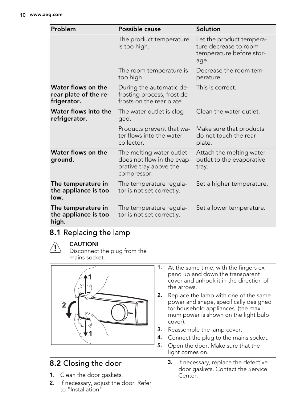 1 replacing the lamp, 2 closing the door | AEG SKS51240S0 User Manual | Page 10 / 68