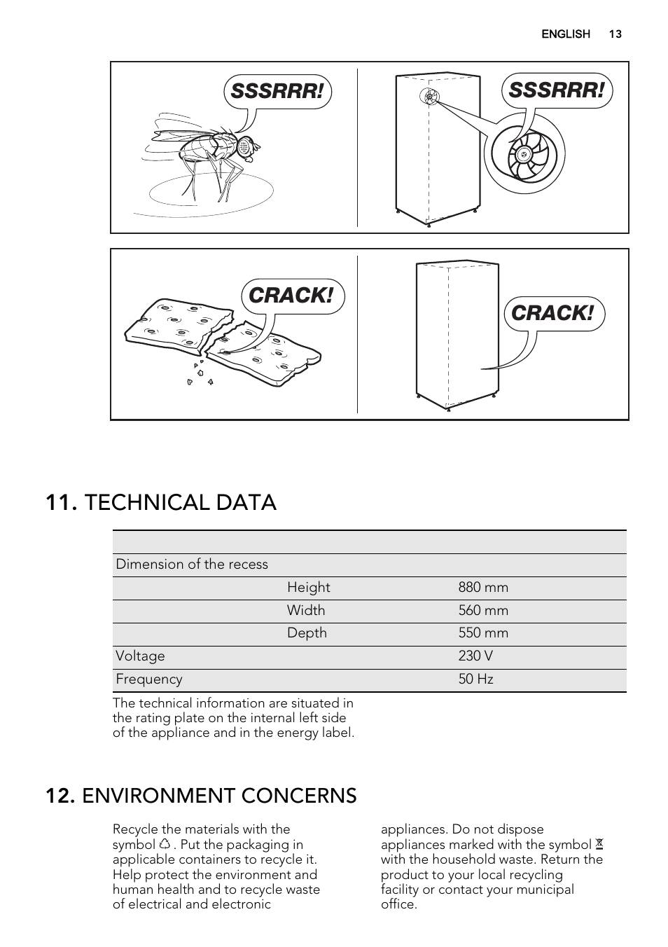 Technical data, Sssrrr, Crack | Environment concerns | AEG SKS51240S0 User Manual | Page 13 / 68