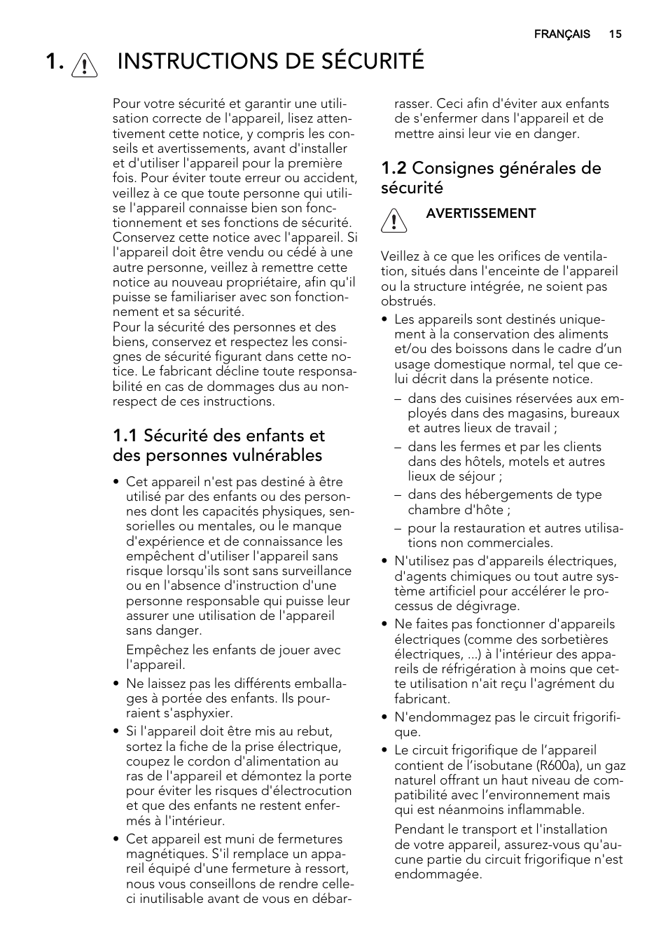 Instructions de sécurité, 2 consignes générales de sécurité | AEG SKS51240S0 User Manual | Page 15 / 68