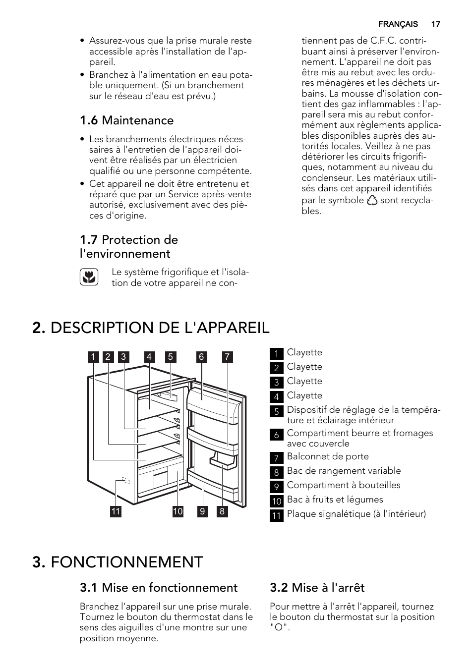 Description de l'appareil, Fonctionnement, 6 maintenance | 7 protection de l'environnement, 1 mise en fonctionnement, 2 mise à l'arrêt | AEG SKS51240S0 User Manual | Page 17 / 68