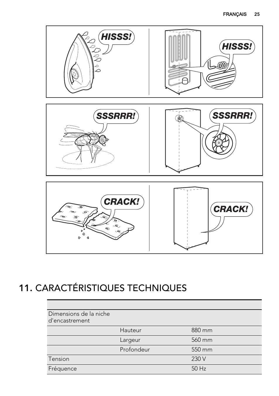 Caractéristiques techniques, Hisss, Sssrrr | Crack | AEG SKS51240S0 User Manual | Page 25 / 68