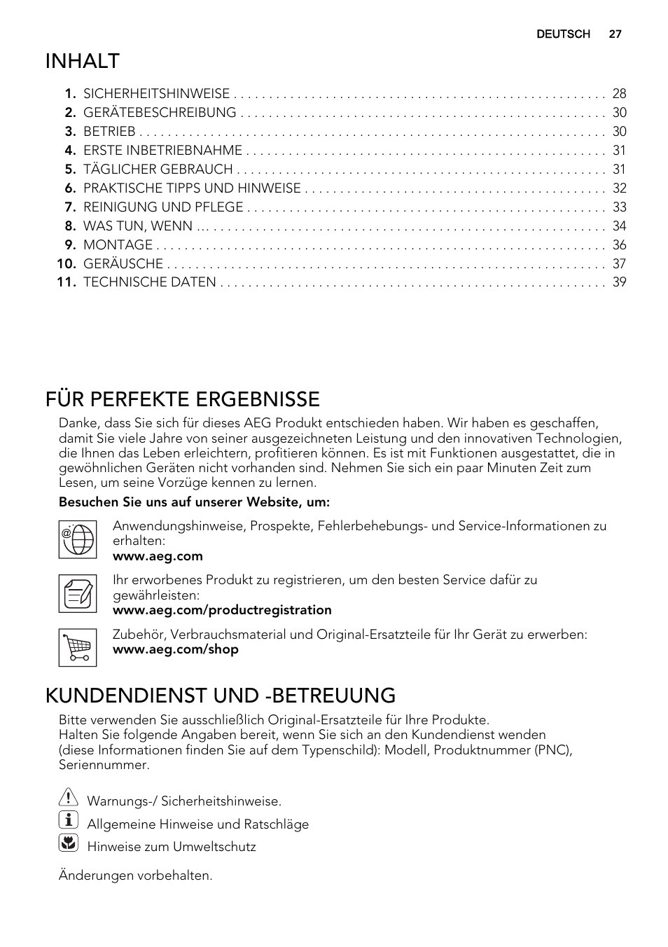 Inhalt, Für perfekte ergebnisse, Kundendienst und -betreuung | AEG SKS51240S0 User Manual | Page 27 / 68