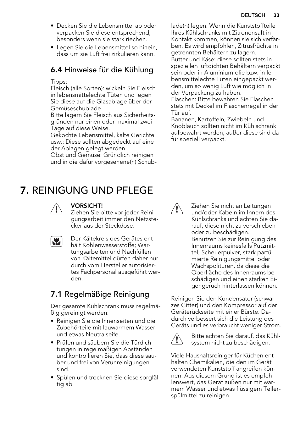 Reinigung und pflege, 4 hinweise für die kühlung, 1 regelmäßige reinigung | AEG SKS51240S0 User Manual | Page 33 / 68