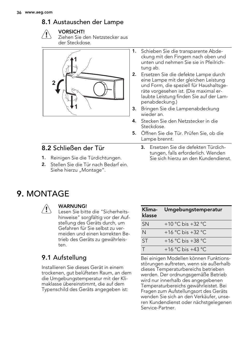 Montage, 1 austauschen der lampe, 2 schließen der tür | 1 aufstellung | AEG SKS51240S0 User Manual | Page 36 / 68