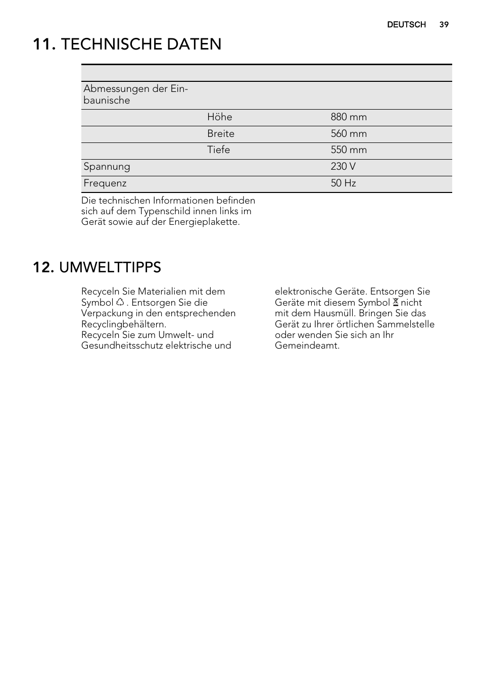 Technische daten, Umwelttipps | AEG SKS51240S0 User Manual | Page 39 / 68