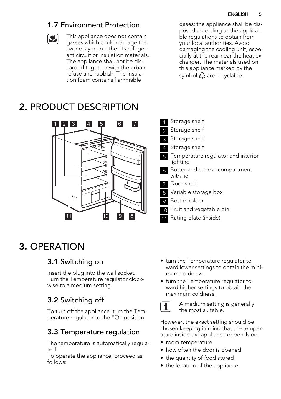 Product description, Operation, 7 environment protection | 1 switching on, 2 switching off, 3 temperature regulation | AEG SKS51240S0 User Manual | Page 5 / 68