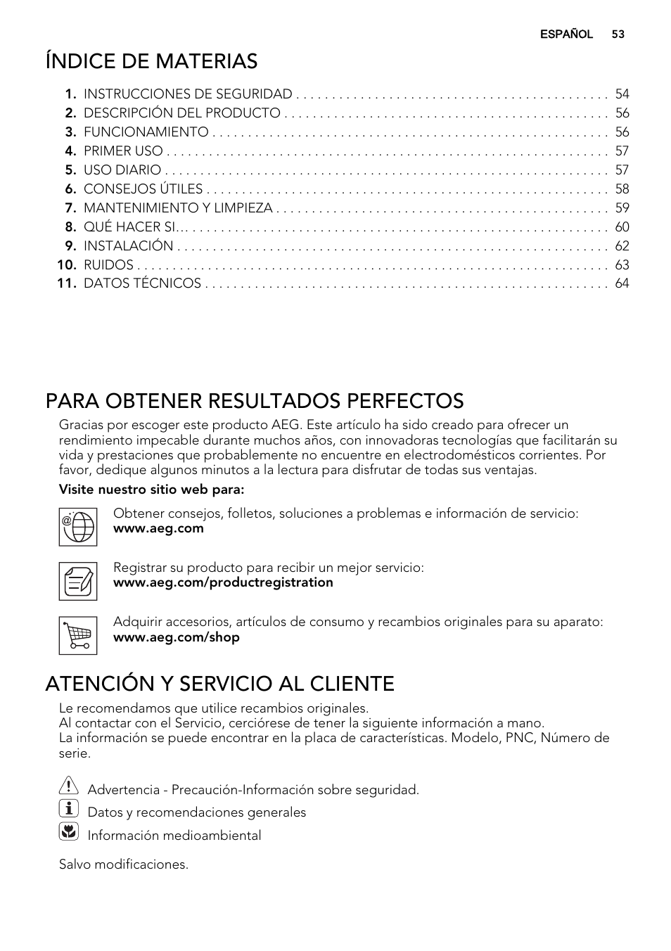 Índice de materias, Para obtener resultados perfectos, Atención y servicio al cliente | AEG SKS51240S0 User Manual | Page 53 / 68