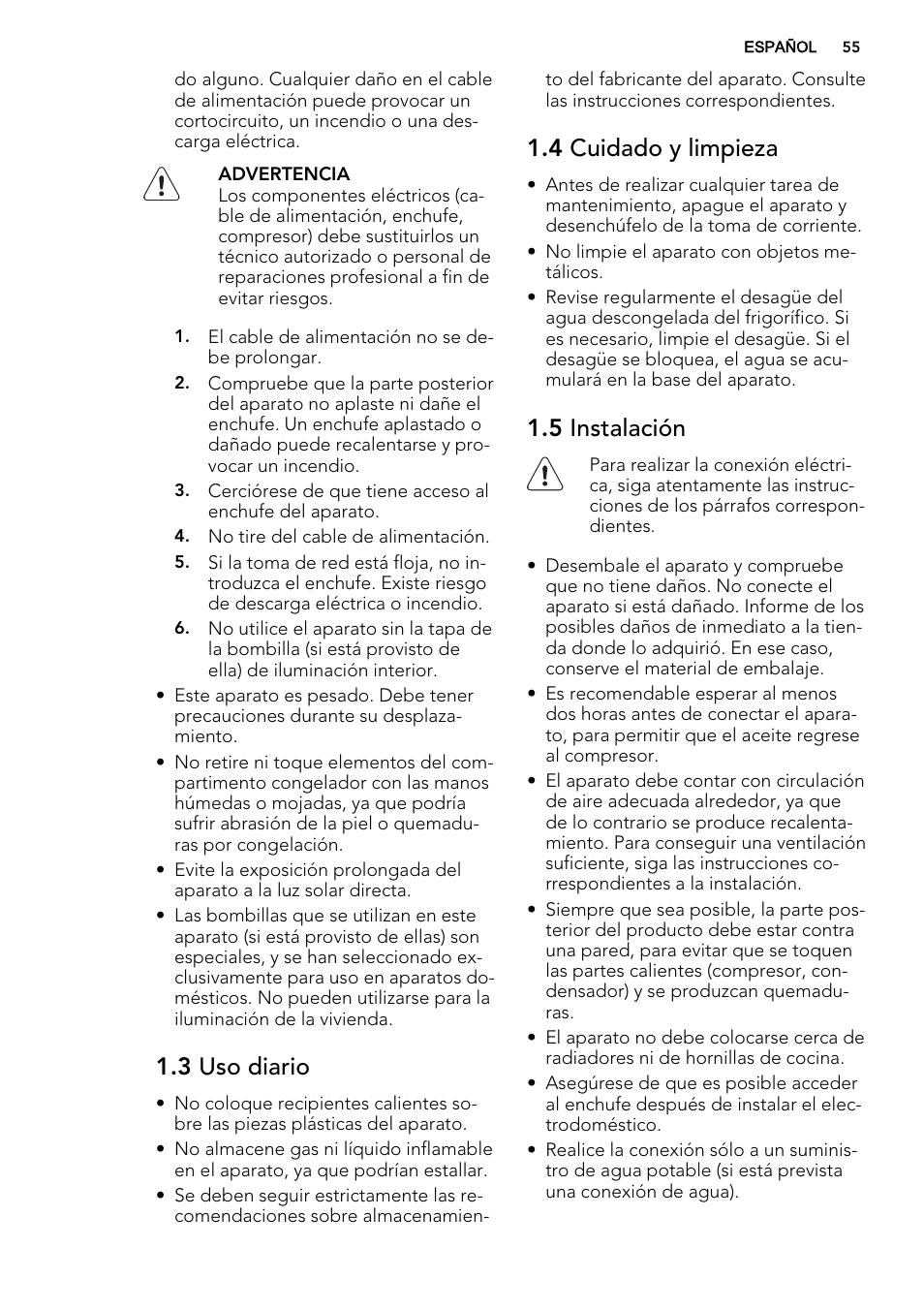 3 uso diario, 4 cuidado y limpieza, 5 instalación | AEG SKS51240S0 User Manual | Page 55 / 68