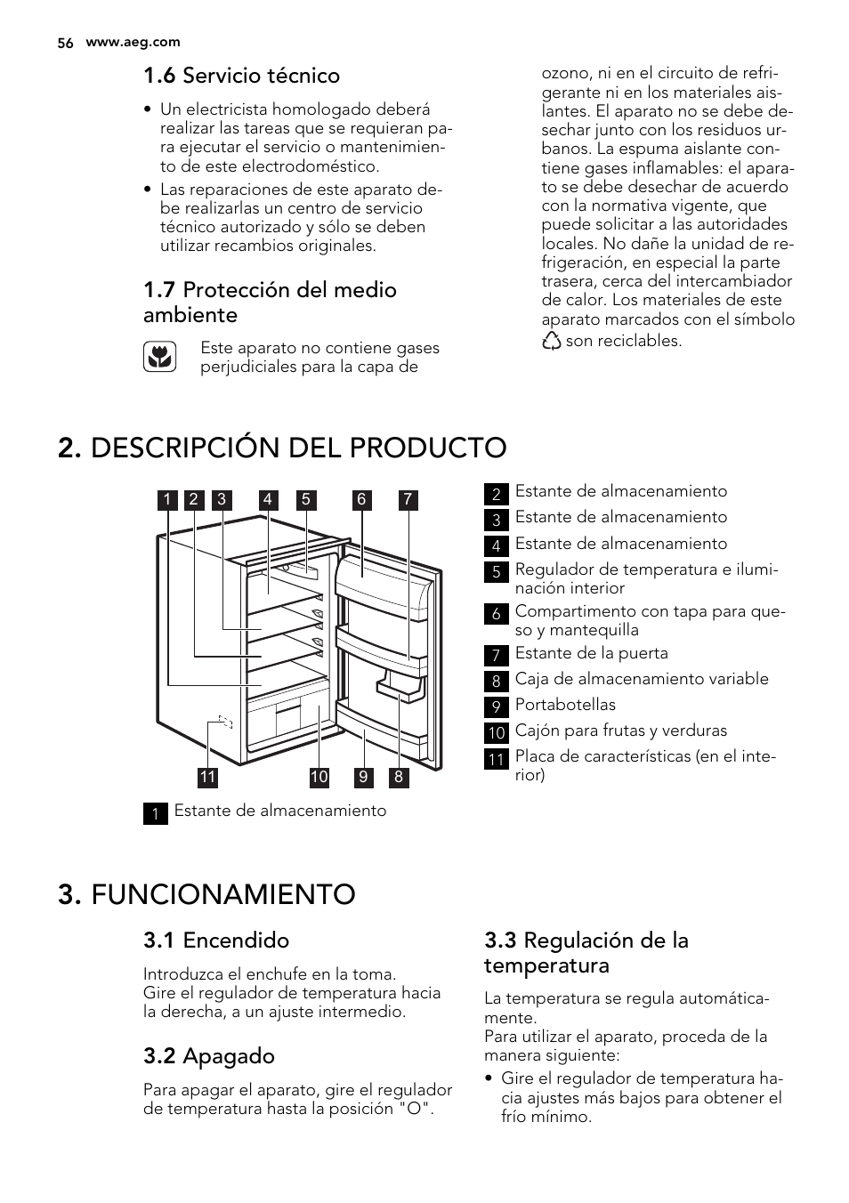 Descripción del producto, Funcionamiento, 6 servicio técnico | 7 protección del medio ambiente, 1 encendido, 2 apagado, 3 regulación de la temperatura | AEG SKS51240S0 User Manual | Page 56 / 68