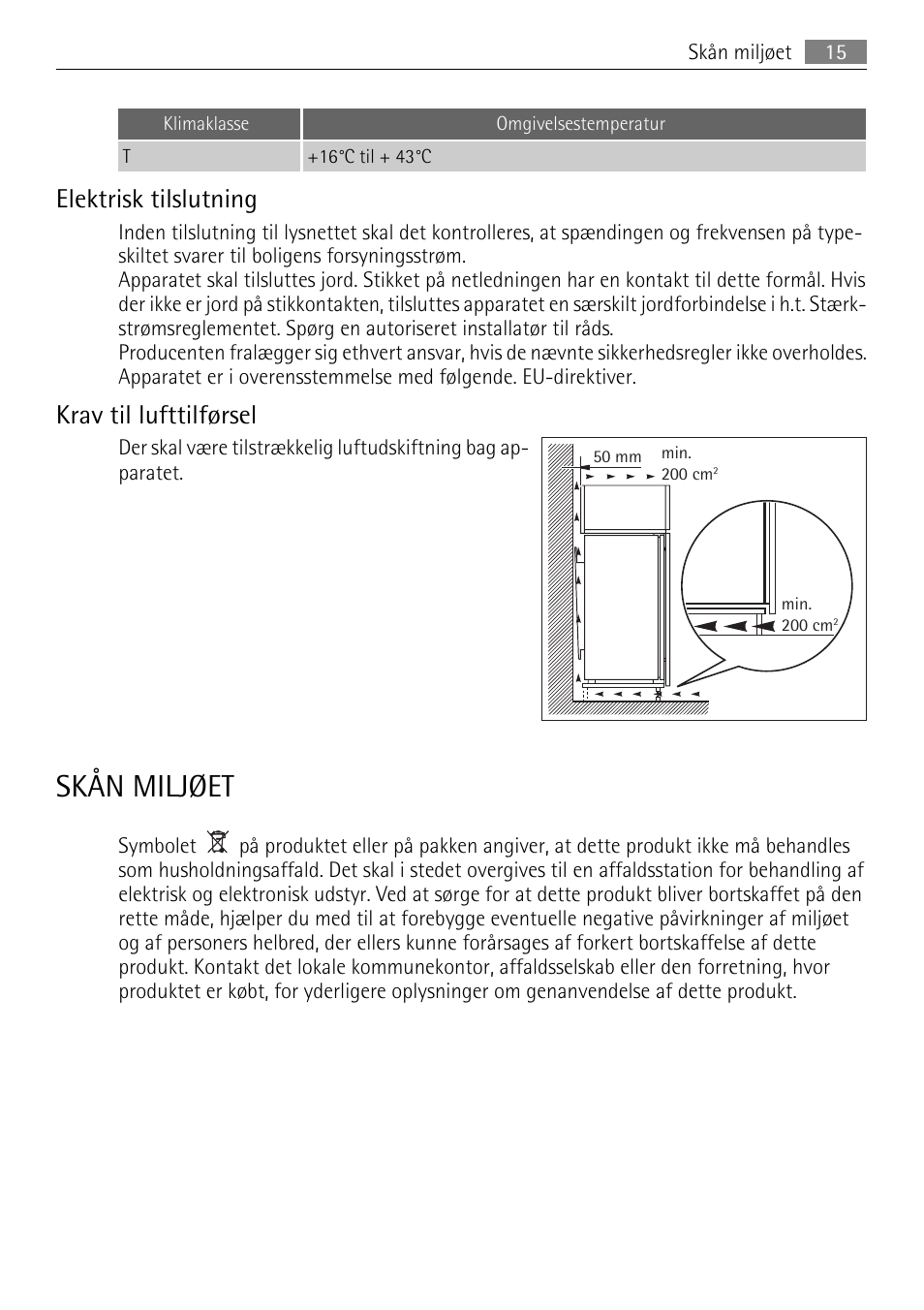 Skån miljøet, Elektrisk tilslutning, Krav til lufttilførsel | AEG SKS68849F1 User Manual | Page 15 / 80