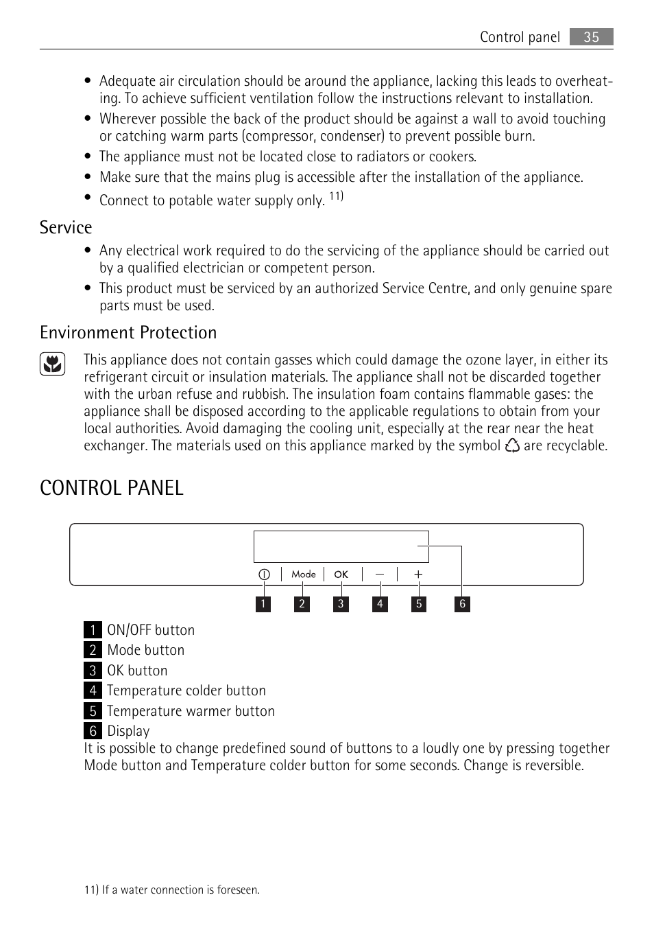 Control panel, Service, Environment protection | AEG SKS68849F1 User Manual | Page 35 / 80