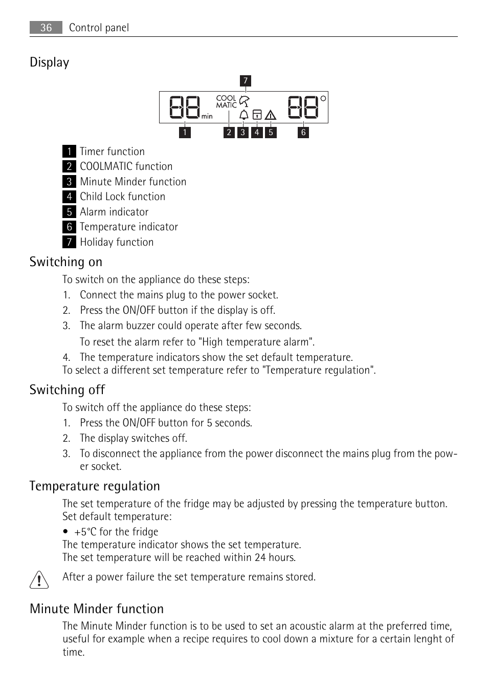 Display, Switching on, Switching off | Temperature regulation, Minute minder function | AEG SKS68849F1 User Manual | Page 36 / 80