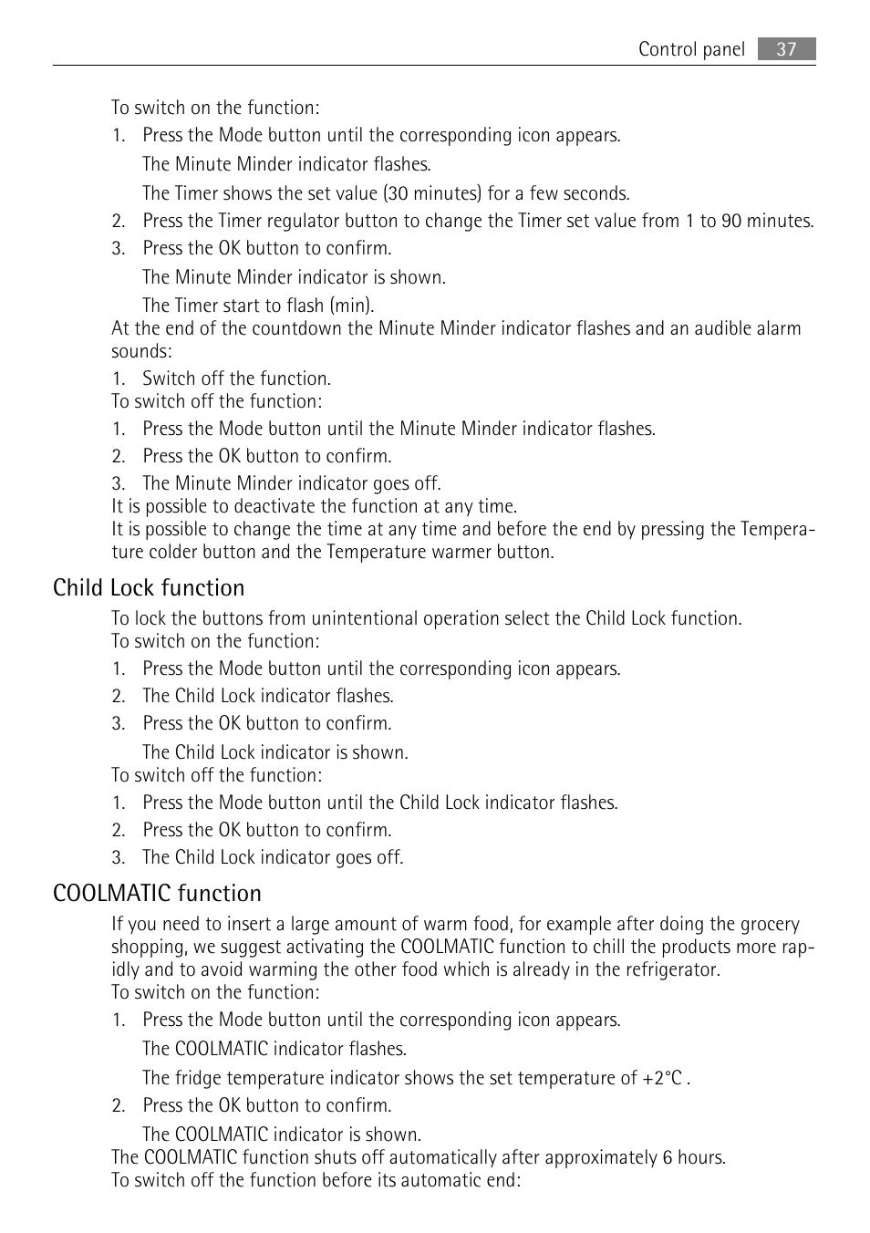 Child lock function, Coolmatic function | AEG SKS68849F1 User Manual | Page 37 / 80
