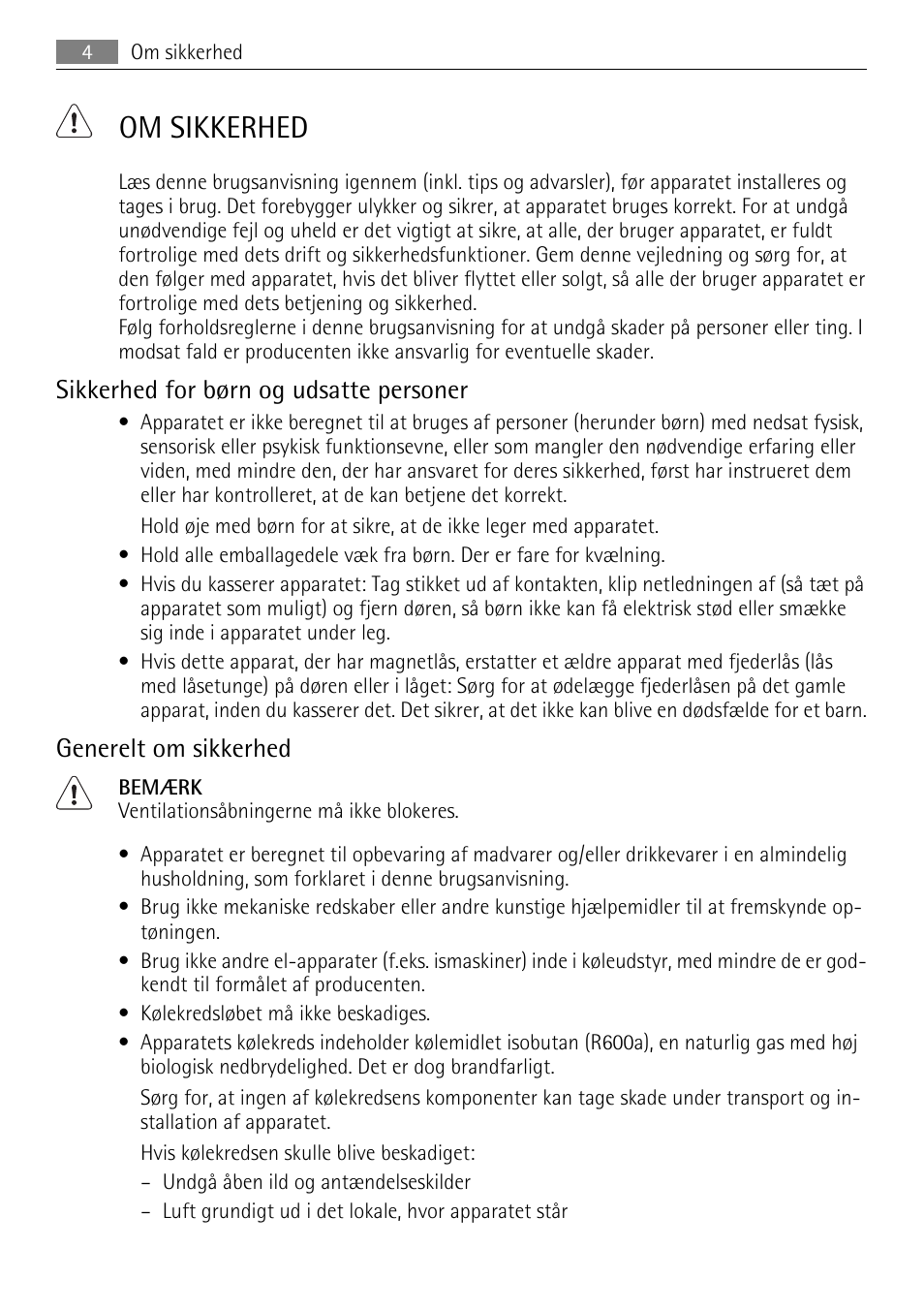 Om sikkerhed, Sikkerhed for børn og udsatte personer, Generelt om sikkerhed | AEG SKS68849F1 User Manual | Page 4 / 80