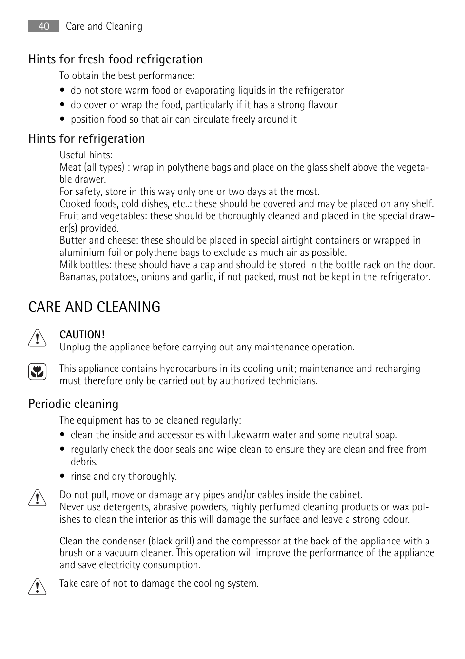 Care and cleaning, Hints for fresh food refrigeration, Hints for refrigeration | Periodic cleaning | AEG SKS68849F1 User Manual | Page 40 / 80