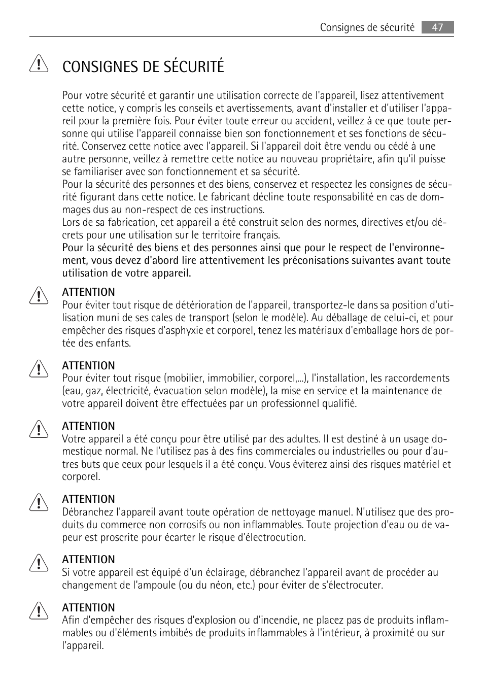 Consignes de sécurité | AEG SKS68849F1 User Manual | Page 47 / 80