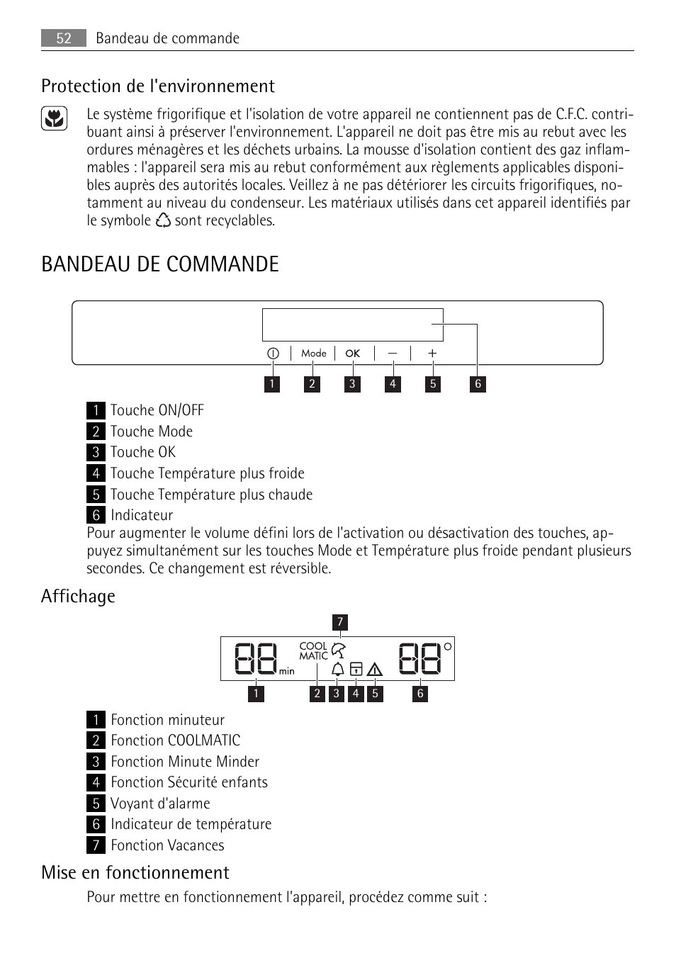 Bandeau de commande, Protection de l'environnement, Affichage | Mise en fonctionnement | AEG SKS68849F1 User Manual | Page 52 / 80