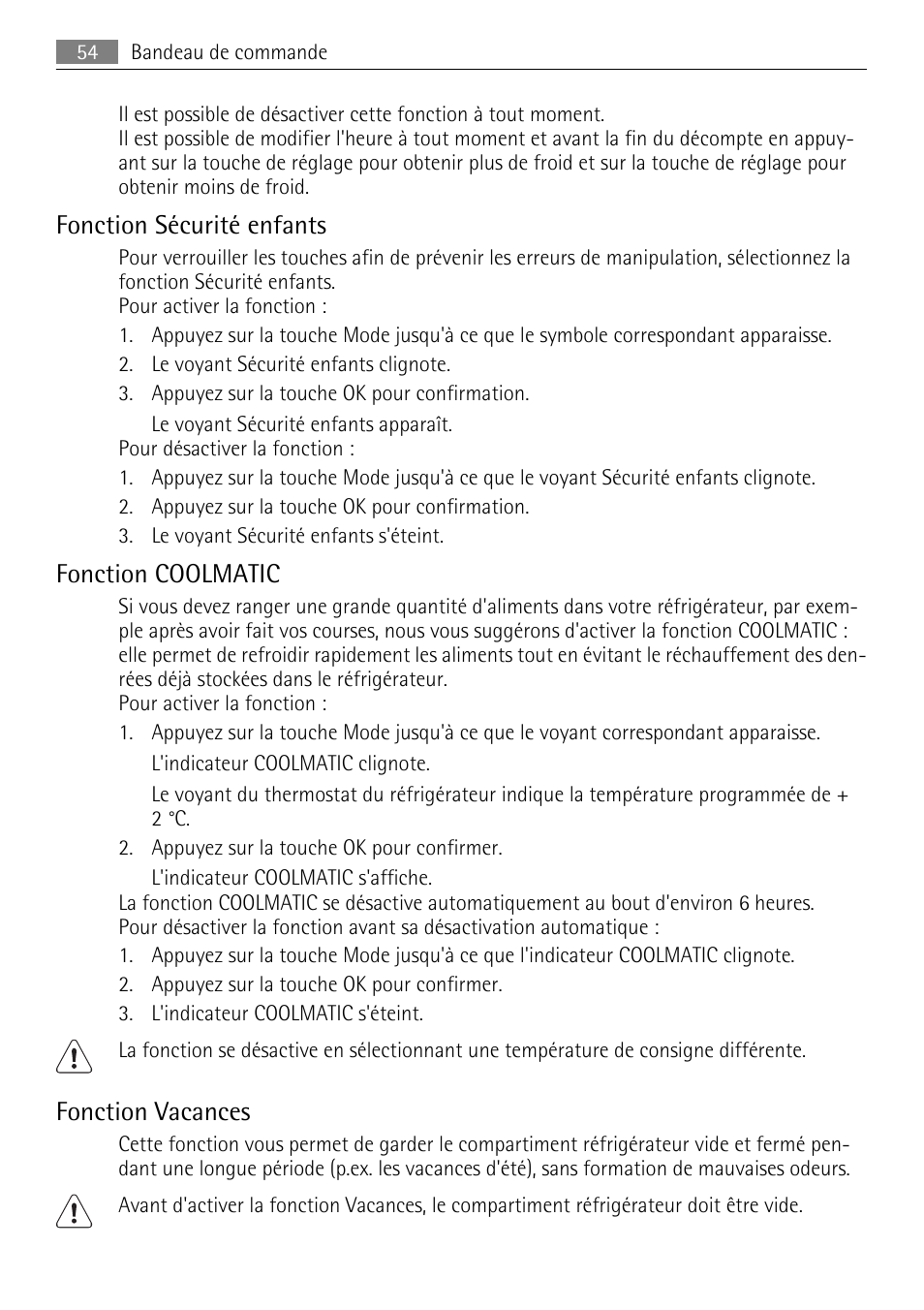 Fonction sécurité enfants, Fonction coolmatic, Fonction vacances | AEG SKS68849F1 User Manual | Page 54 / 80