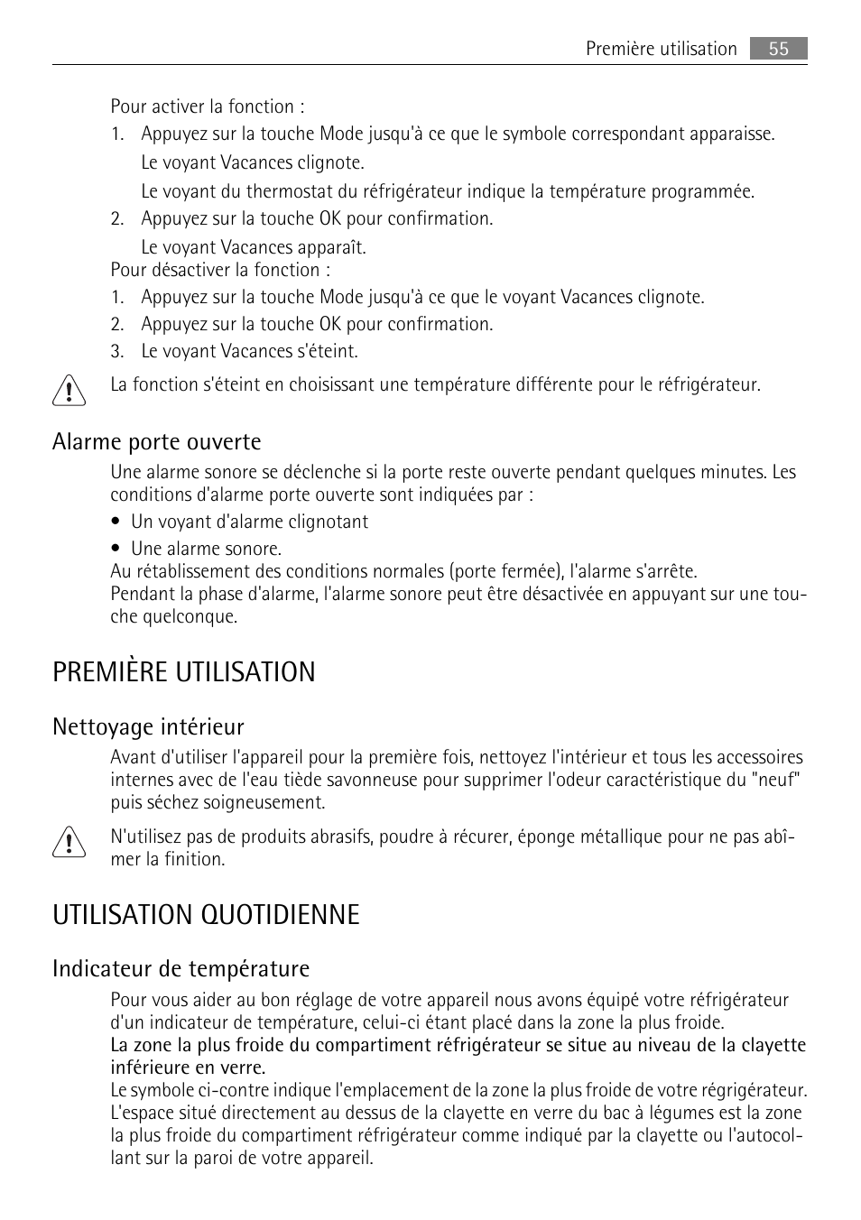 Première utilisation, Utilisation quotidienne, Alarme porte ouverte | Nettoyage intérieur, Indicateur de température | AEG SKS68849F1 User Manual | Page 55 / 80