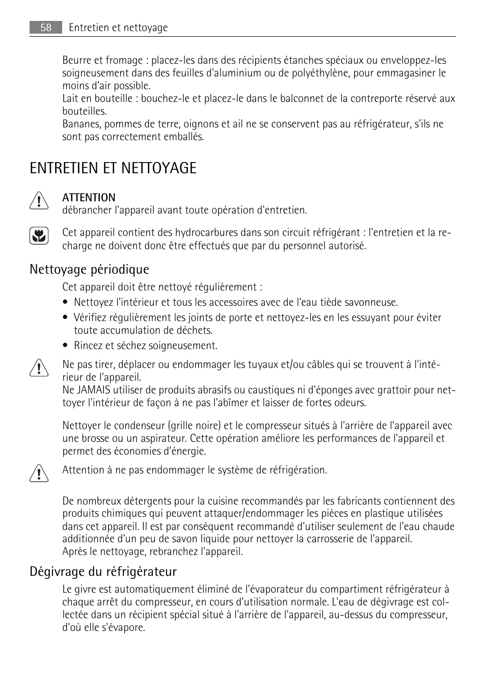 Entretien et nettoyage, Nettoyage périodique, Dégivrage du réfrigérateur | AEG SKS68849F1 User Manual | Page 58 / 80