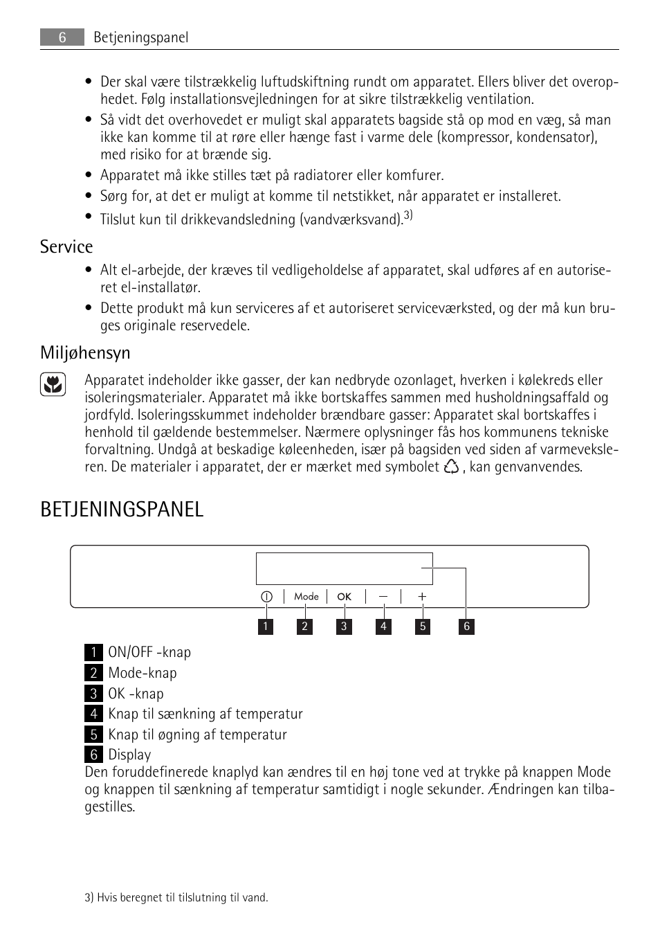 Betjeningspanel, Service, Miljøhensyn | AEG SKS68849F1 User Manual | Page 6 / 80