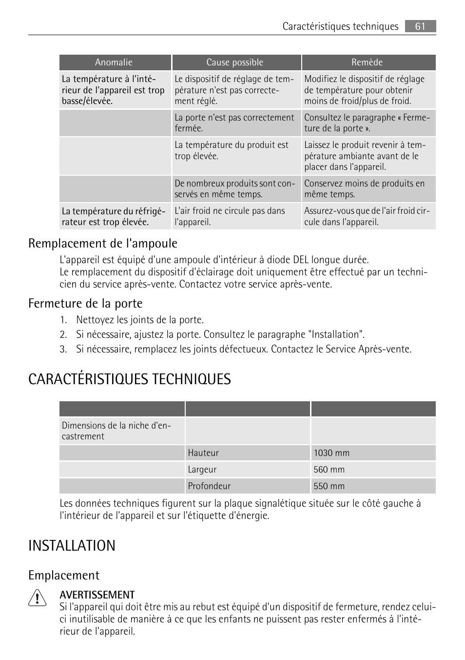 Caractéristiques techniques, Installation, Remplacement de l'ampoule | Fermeture de la porte, Emplacement | AEG SKS68849F1 User Manual | Page 61 / 80